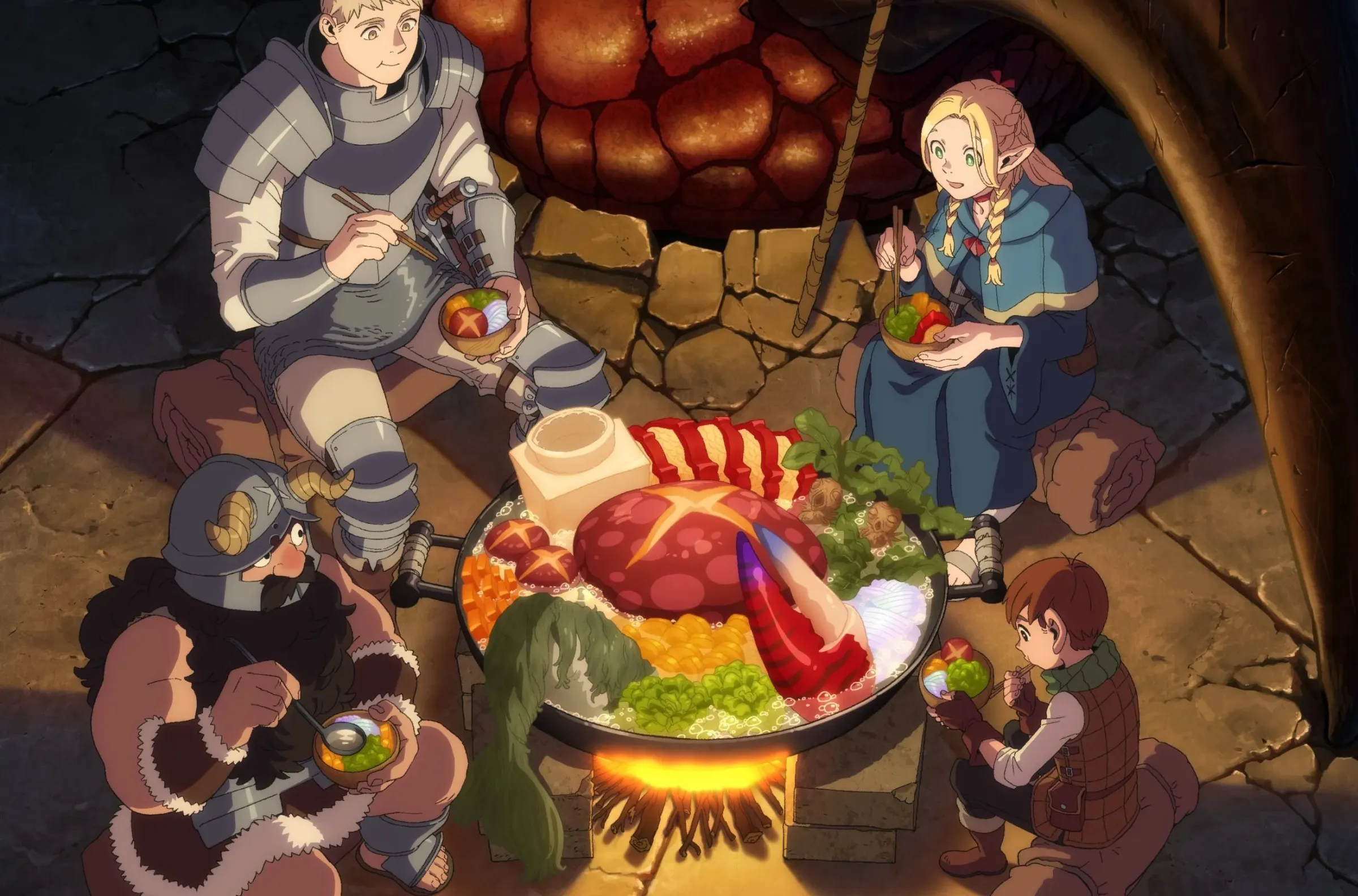 Delicious in Dungeon Images featuring where MC and group of peope cooking in forest